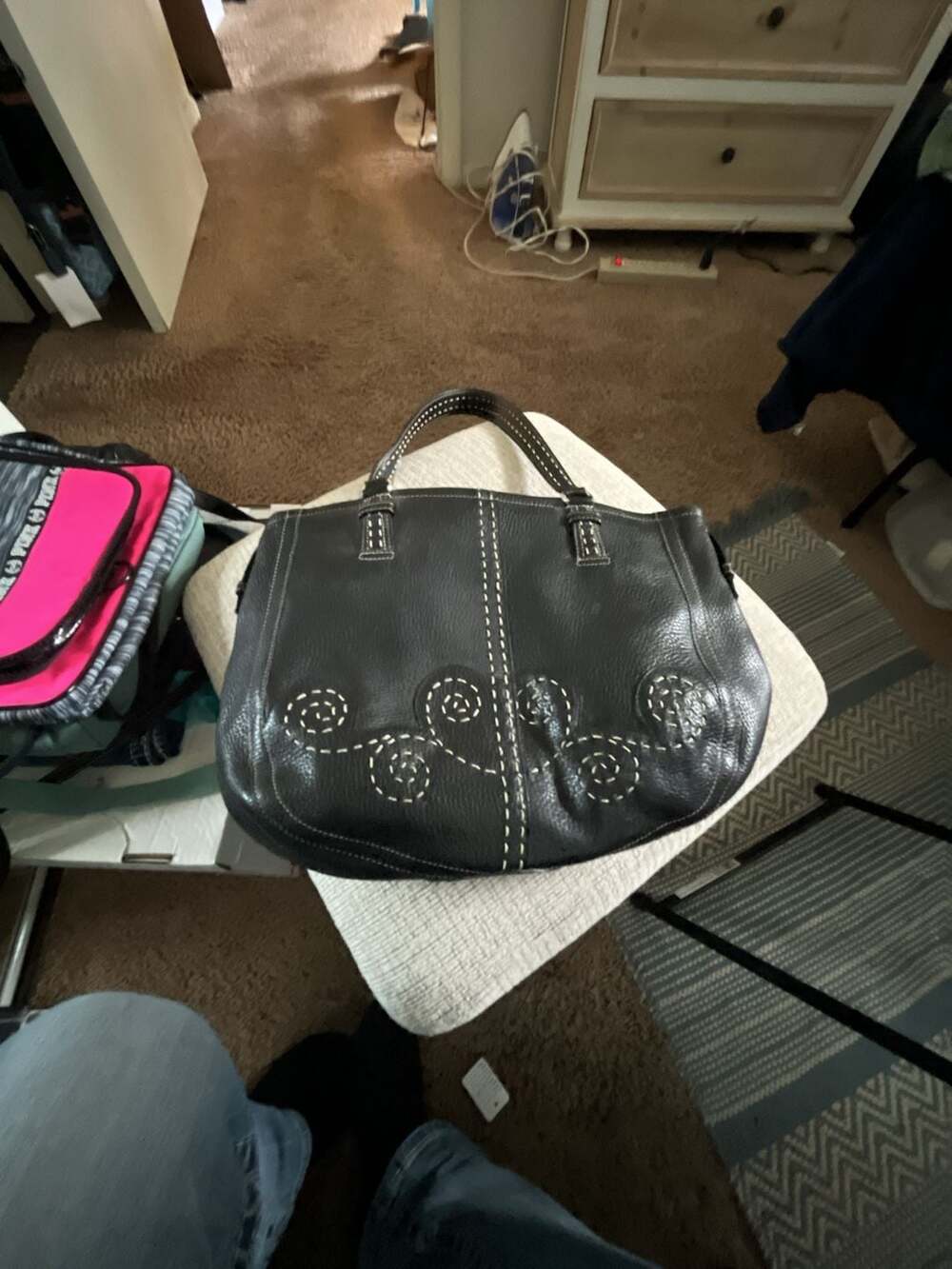 Brighton Black Pebble Leather Swirl Stitched Shoulder Bag